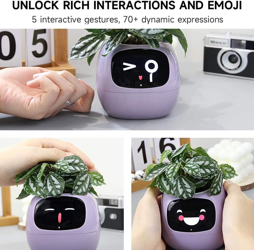 ITIGOITIE Smart Flowerpots, with Artificial Intelligence, Time Temperature Display, Multiple expressions, for Indoor Decoration, Gifts(Purple)
