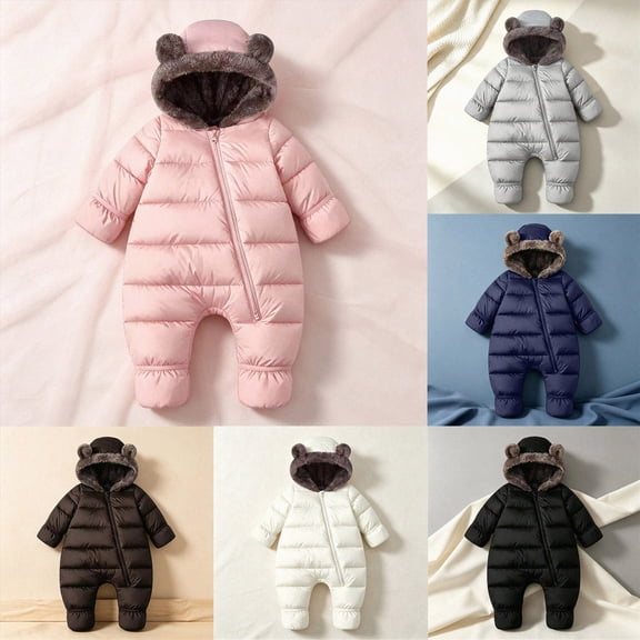 6-12 Months Newborn Baby Winter Snowsuit Fleece Lined Hooded Footed Romper With Cute Bear Ears Infant Zipper Padded Jumpsuit One-Piece Footed Romper Newborn Gift
