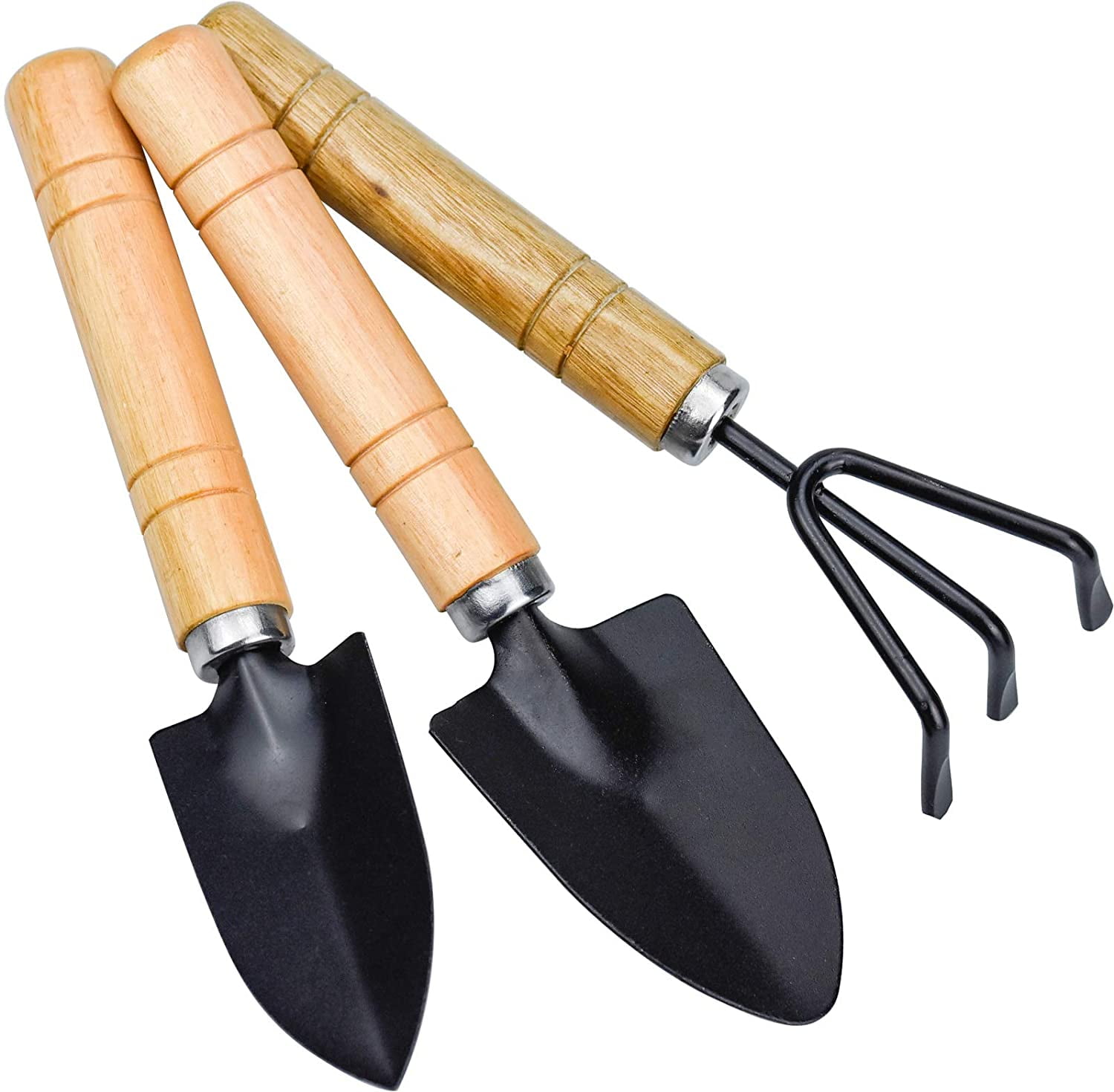 Ounona Truelle Râteau Pelle outils de jardin pour enfant en métal avec poignée en bois solide Safe outils de jardinage pour enfants 3 pcs 