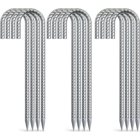 AAGUT Rebar Stakes 16 Inch, Rebar Stakes Heavy Duty 12 Pack Ground Anchors J Hook with Chisel Point End Galvanized Steel Anchors for Fence Landscape Trampoline Chain Link Garden Camping Tent Plants