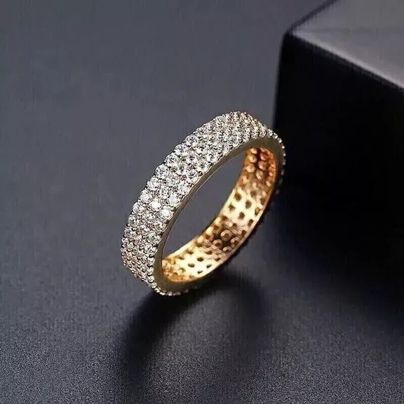 2.00Ct Round Cut -Simulated Diamond Three Row Women's Eternity Band Rings 14K Yellow Gold Plated Silver For Her