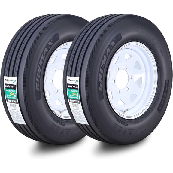 GREMAX All Steel Trailer Tire Wheel Assembly ST225/75R15 14-Ply G 123/119M w/6 Lug on 5.5" PCD White Spoke Wheel ,SET 2