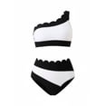 thumbnail image 4 of Pounoo Womens Two Piece Swimsuits One Shoulder Scalloped Edge Color Block High Waisted Bikinis Retro Beach Swimwear Gift, 4 of 5