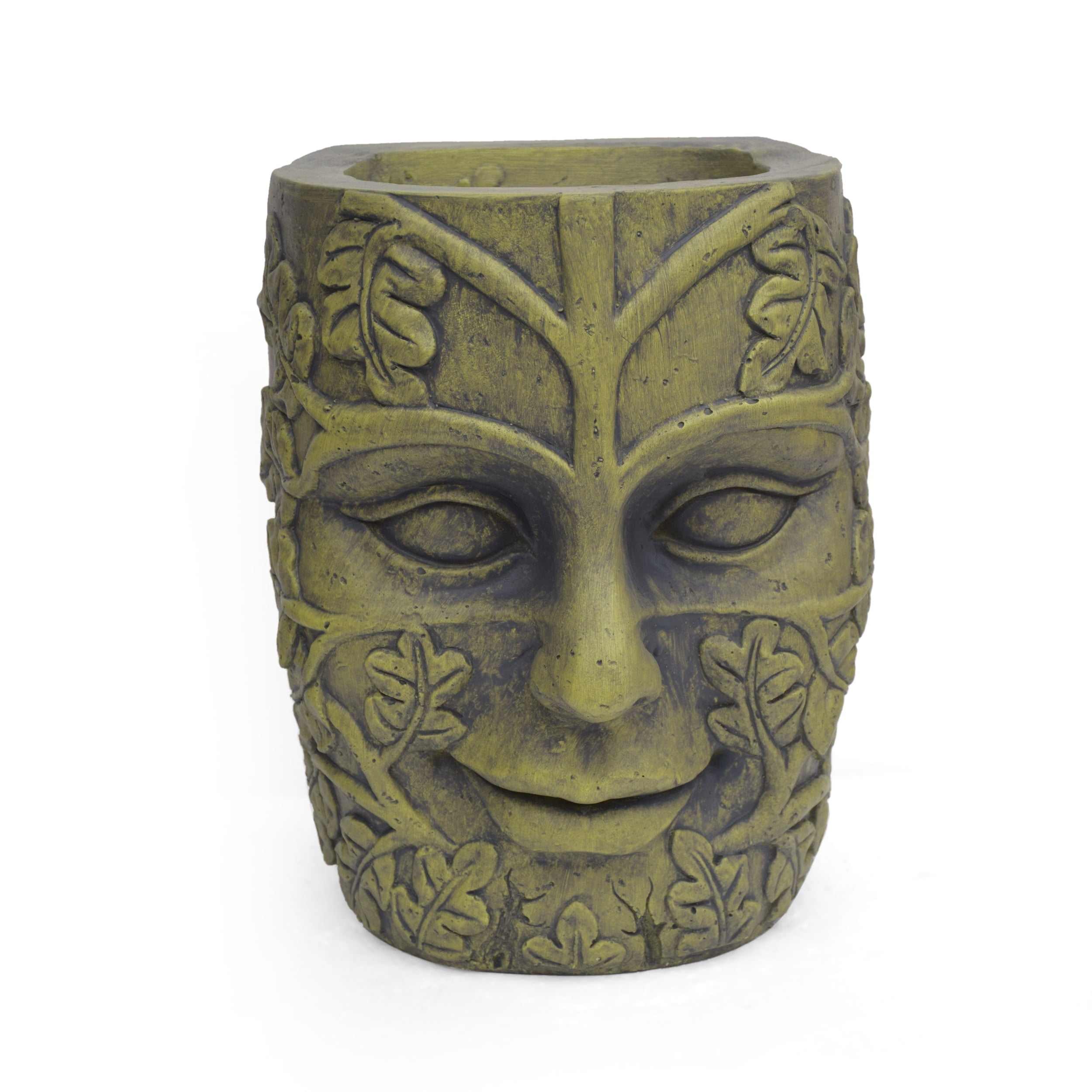 Lucian Outdoor Stone Mother Earth Urn, Antique Green