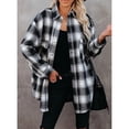 thumbnail image 2 of Camisa a cuadros para mujer, manga larga, cuello de solapa, camisa informal holgada con bolsillos en el pecho para uso diario, oficina, escuela, negro, XL, 2 of 6