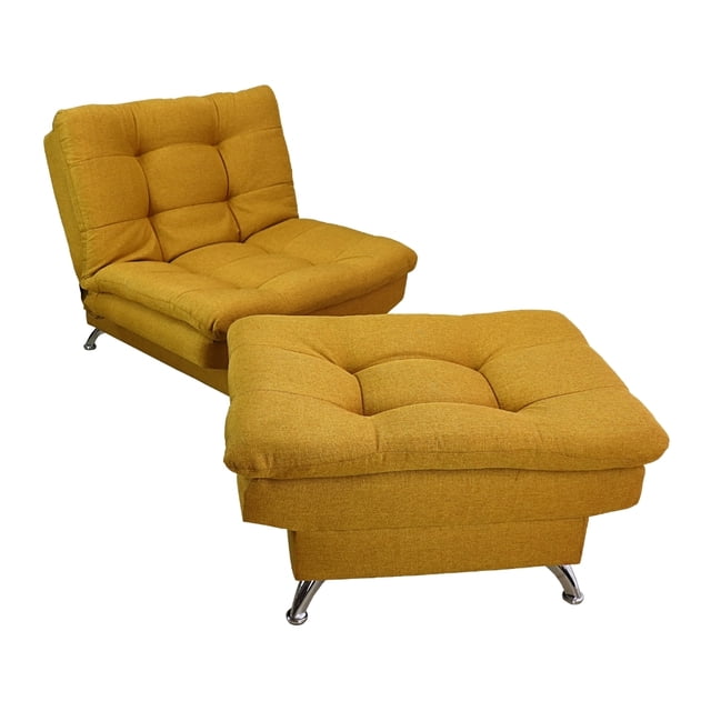 Sofá Cama Individual Sillón y Taburete NORVAL Florencia Moderno en Lino Mostaza estructura de madera con pata cromada