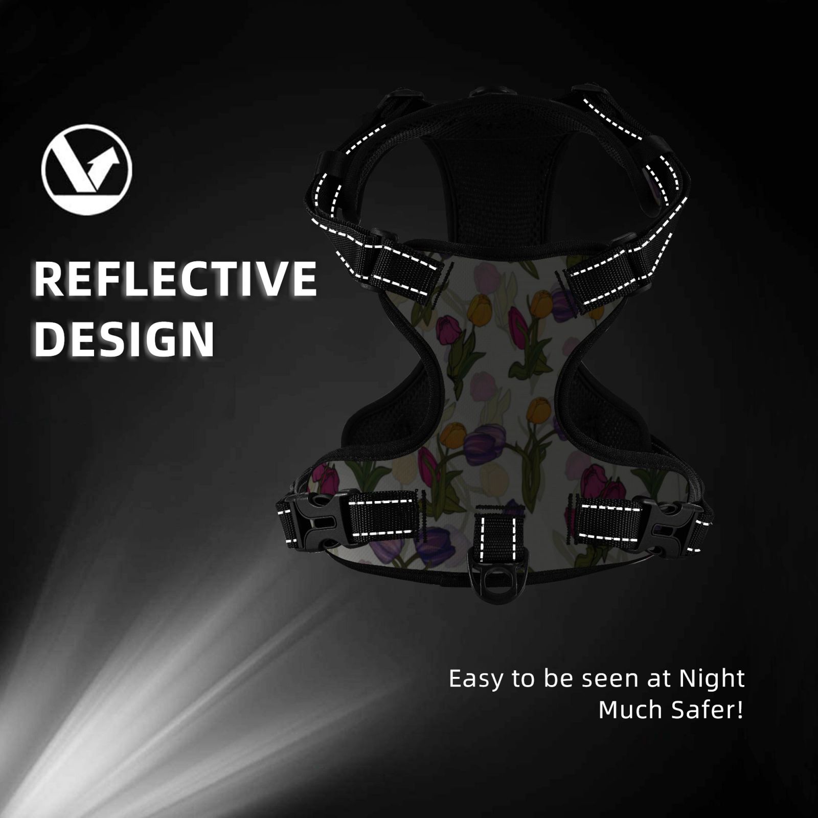 Kdxio Tulips Flowers Print No Pull Dog Harness Adjustable Reflective Oxford Easy Control Medium Large Dog Harness for Training and Everyday-Small