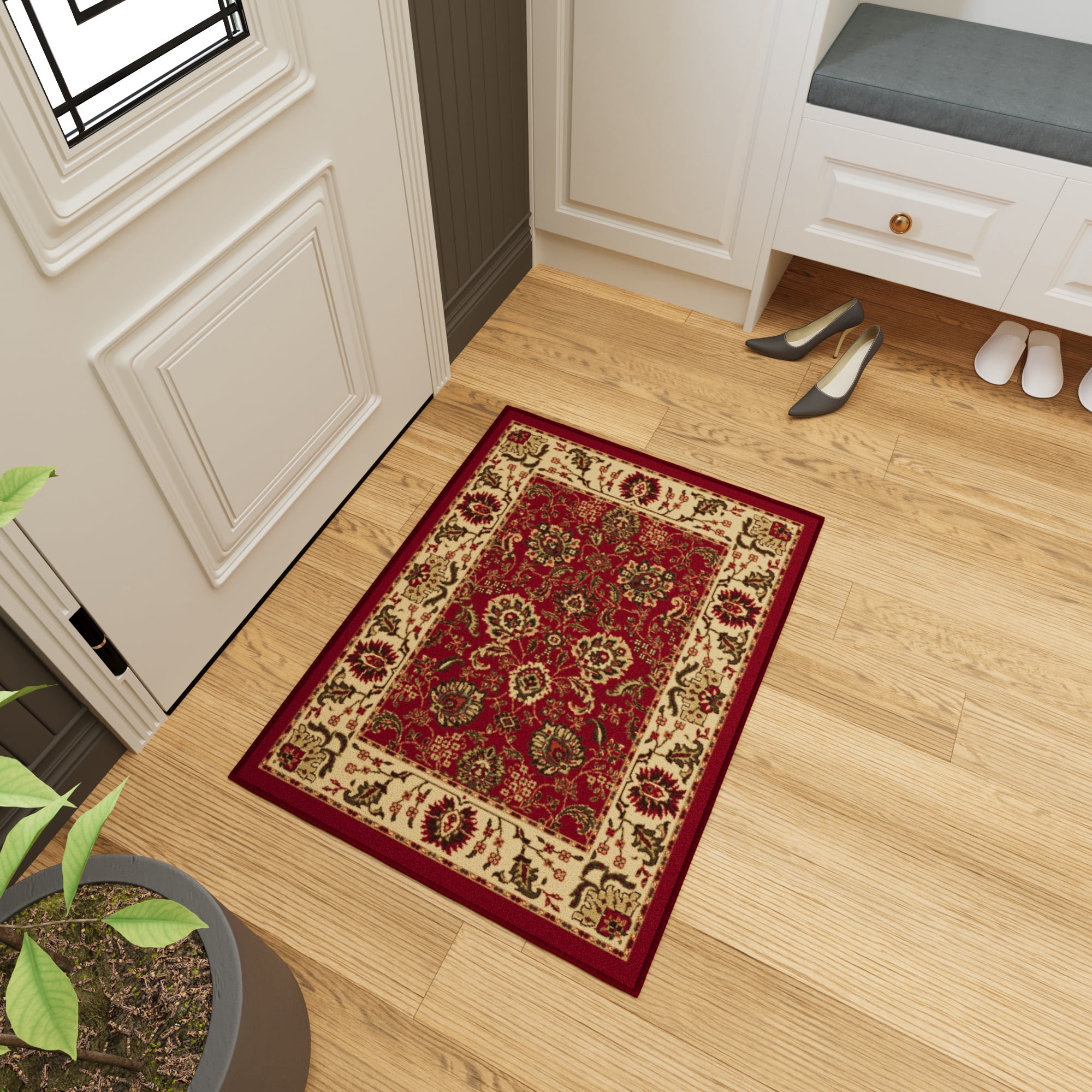 Ottomanson Non-Slip Indoor Entryway Rug 1'10.5" x 3' – Low Pile Stain Resistant Door Mat, Oriental Red