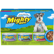 (12 Pack) Purina Mighty Dog Small Breed Gravy Wet Dog Food Variety Pack, Pulled-Style Chicken, Hearty Pulled-Style Beef and Porterhouse Steak Flavor, 5.5 oz. Cans