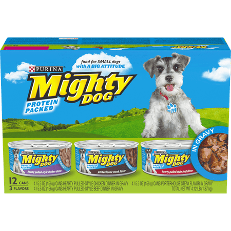 (12 Pack) Purina Mighty Dog Small Breed Gravy Wet Dog Food Variety Pack, Pulled-Style Chicken, Hearty Pulled-Style Beef and Porterhouse Steak Flavor, 5.5 oz. Cans