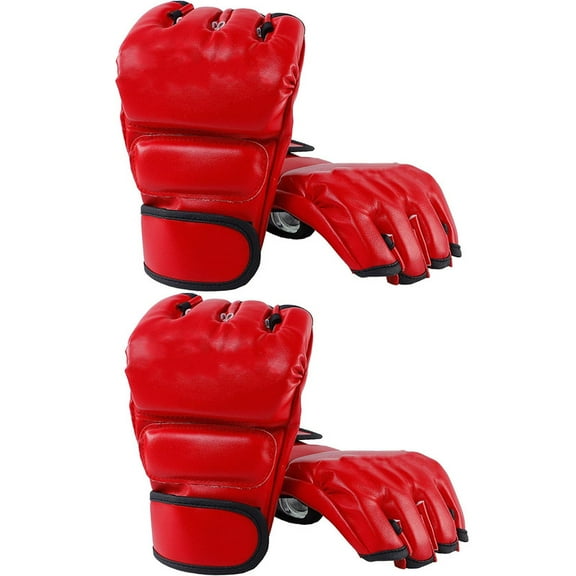 2Pair Boxing Gloves Men, Professional Shockproof Leather Sparring Training Gloves Half Finger Adjustable Wrist Band Absorb for Beginner Punching Bag Fighting Muay Thai Workout(Red Red)