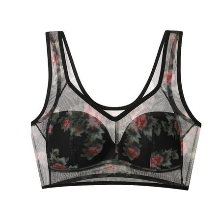 DondPO Bras for Women Women s Thin Vest Upper Side Breasts Beautiful Back Large Size Bra Printed Mesh No Ring Bra Push Up Bra Plus Size Bras for Women Clearance Black 4XL Clearance