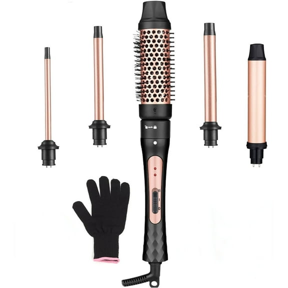 VoluVIbe 5 in 1 Curling Iron Brush Set with Thermal Brush and 4 Interchangeable Ceramic Curling Wand(0.5”-1.25”), Fast Heating, Dual Voltage, Include Glove