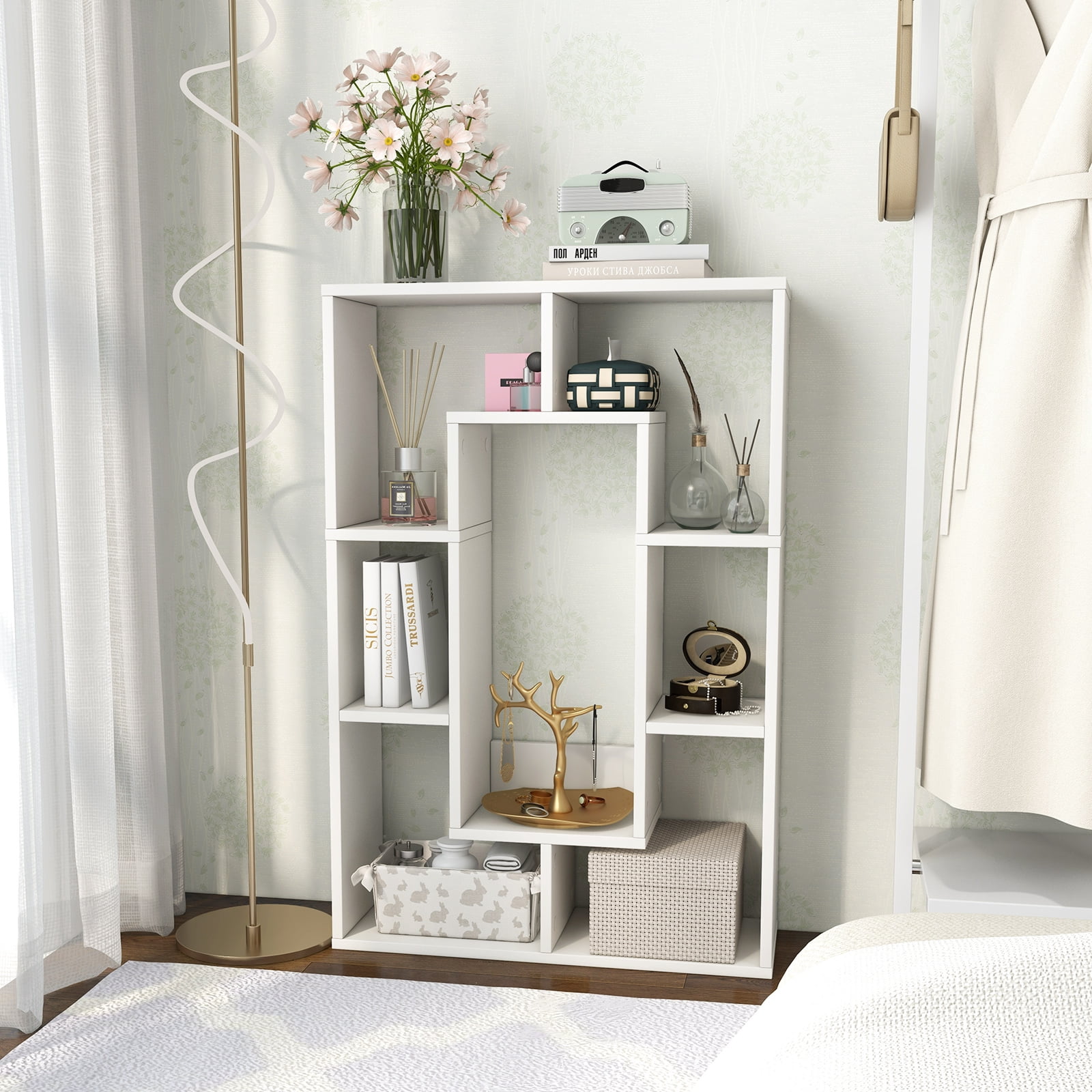 Topbuy 35.5” Geometric Bookshelf Open-back Bookcase w/ 7 Cubes Free-standing Storage Shelf Unit w/ Anti-Toppling Devices White