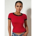thumbnail image 3 of LMLYSoH Women's Solid Color Tops, Summer Short Sleeve Lace Trim Round Neck Slim Fit T-Shirts, 3 of 9