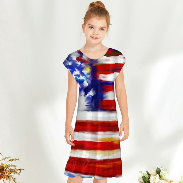 LSLJS Robe Fille 4 Juillet, Tenue Bébé Fille Manches Courtes Drapeau USA Étoile Rayée