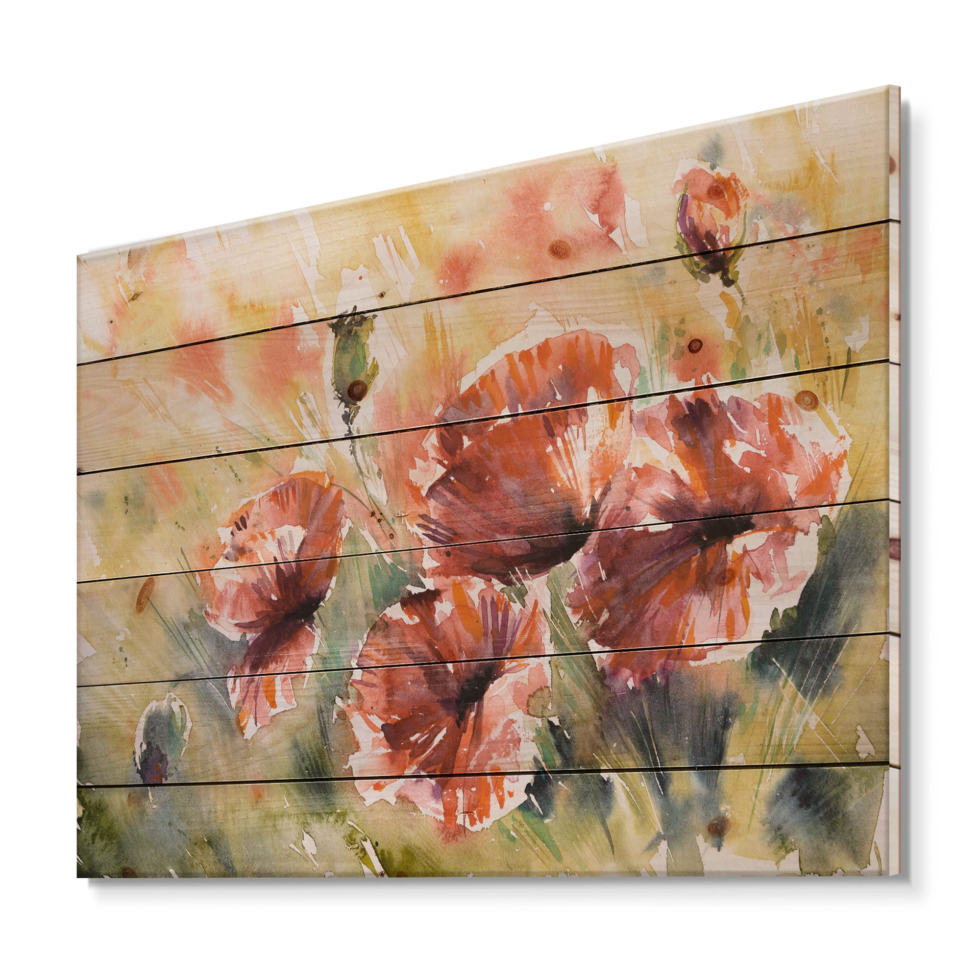 Designart 'Abstract Red Poppy On A Field' Traditional Print on Natural Pine Wood