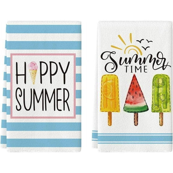 Ice Cream Watermelon Happy Summer Kitchen Towels Dish Towels, 18x26 Inch Seasonal Summer Decoration Hand Towels Set of 2