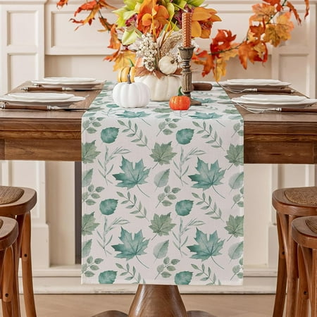 

Fall Table Runner 13 x 120 Inch Blue Green Maple Leaves Dining Table Seasonal Decor for Autumn Thanksgiving Dinner Parties Farmhouse Kitchen