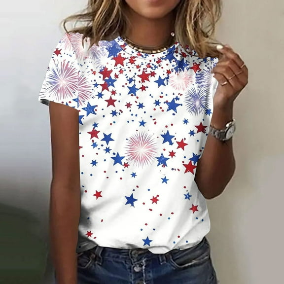 Cavosen American Flag Tops for Women Petite Patriotic Short Sleeve Round Neck Shirts USA Star Striped Print Shirts Lady XL Independence Day Casual Tops 4th of July Tunic Tees 2025 Patriotic Blouses