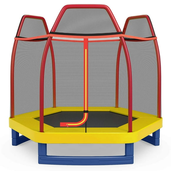 Costway Trampolín infantil de 2,13 m con red de seguridad, colchón de resorte y lona de salto, color naranja