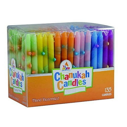 Ner Mitzvah, Colorful, Hand Decorated Hanukkah Menorah Candles - Bulk Assorted Colors (135 Count)