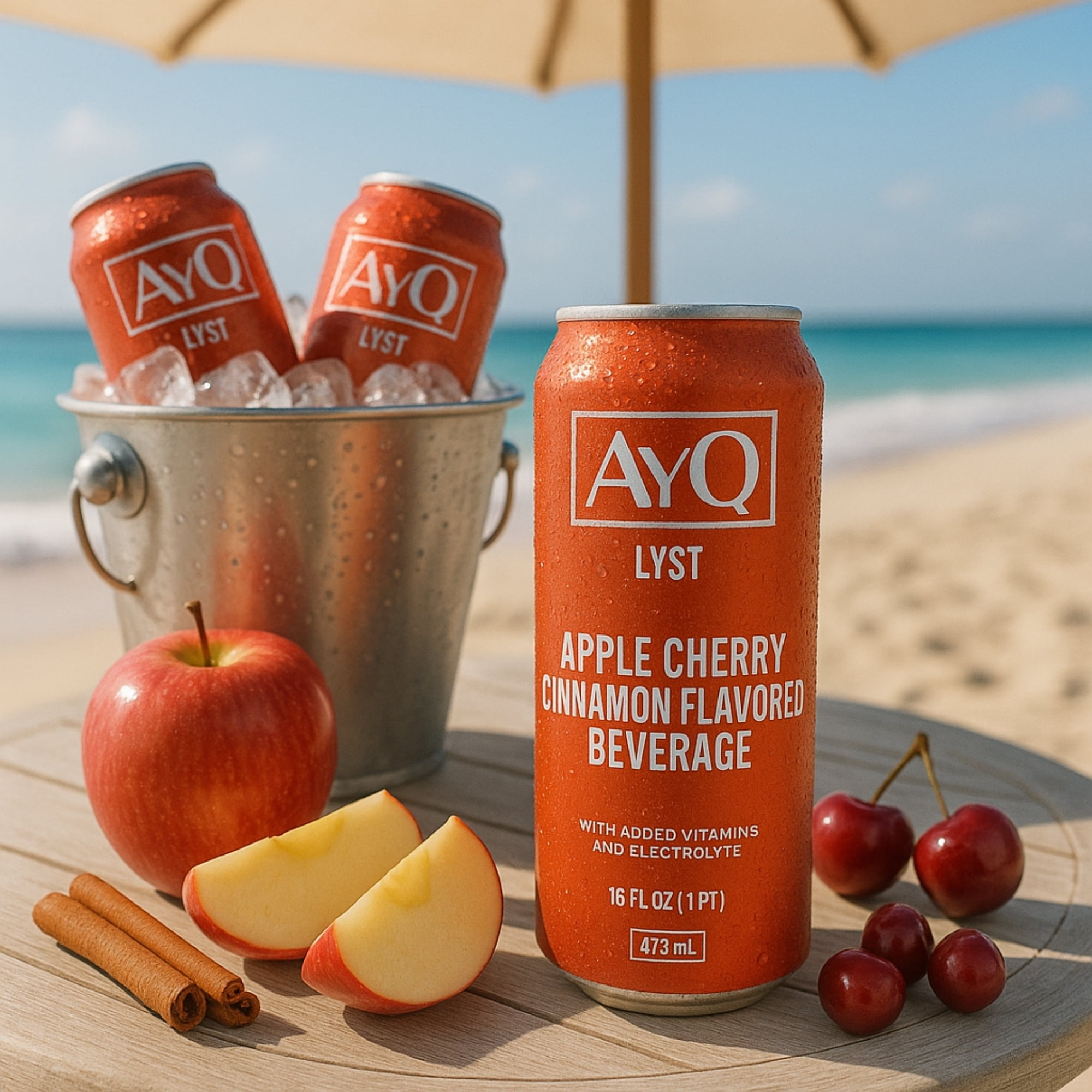 AYQ Beverages Apple Cherry Cinnamon Drink, Flavoured Fruit Beverage for Hydration, Added Vitamins with BCAA, Electrolytes, Vegetarian & Gluten Free, Ready to Drink, 473 mL Cans, 12-Pack