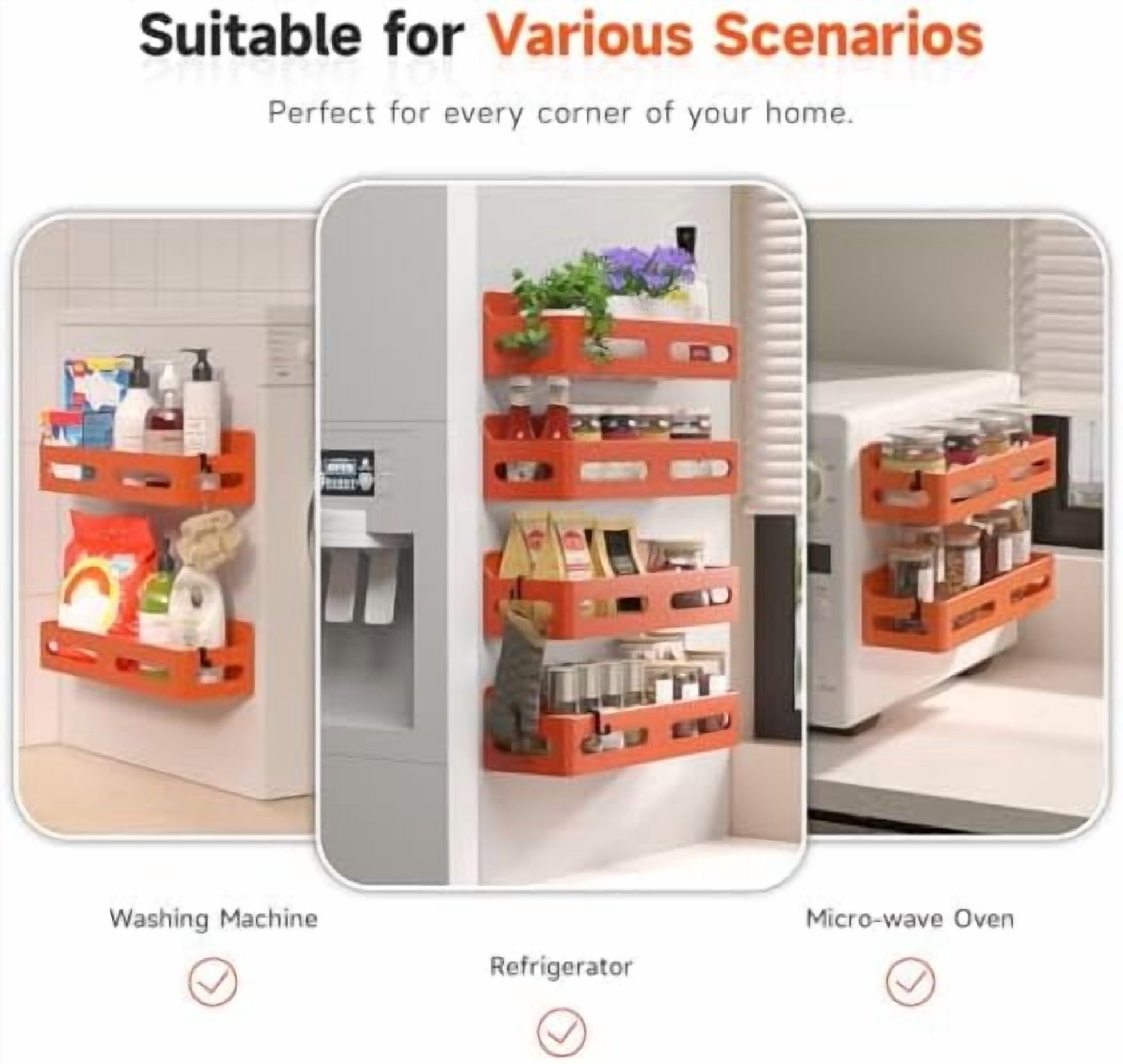 4 Pack Strong Magnetic Spice Rack for Refrigerator, Multipurpose Magnetic Shelf for Fridge with 4 Hooks for kitchen and Bathroom Organization, Orange