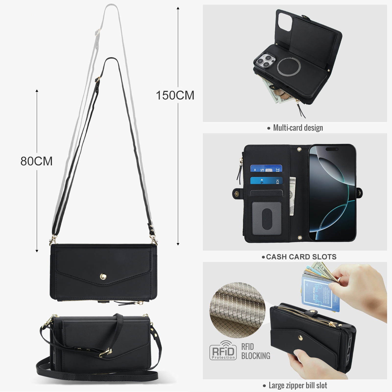 Designed for iPhone 15 Pro Multi-Function Wallet Phone Case,With Shoulder Strap&Wrist Strap,Cash Pocket&Card Slots,Zipper Purse,Magnetic Detachable PU Leather Flip Phone Case,Black