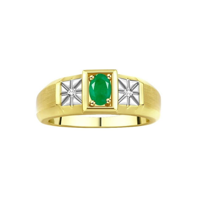 RYLOS Men's Rings 14K Yellow Gold Classic 6X4MM Oval Gemstone & Diamond Designer Ring Emerald May Birthstone Rings For Men, Gold Rings Size 12
