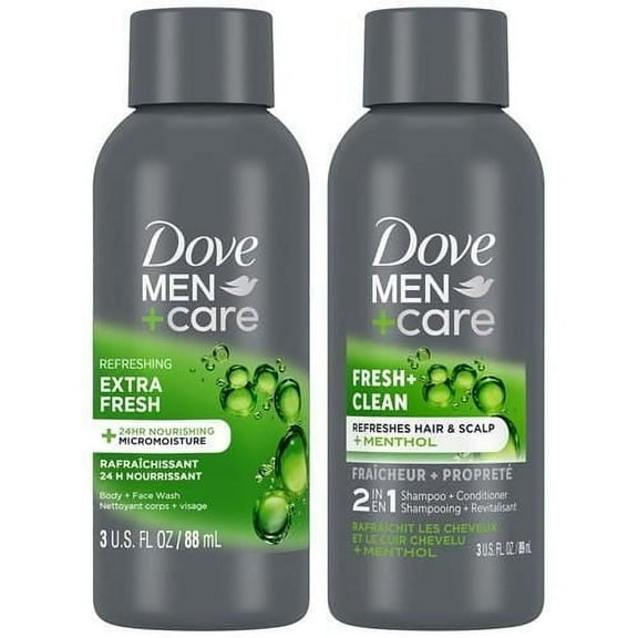 Dove Men Care Travel Essentials Bundle – Extra Fresh Body & Face Wash & Fresh   Clean 2-in-1 Shampoo, 3 Oz Ea