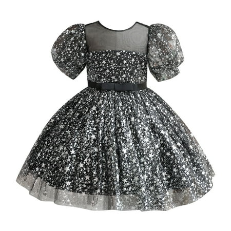 

Toddler Kids Baby Girl Ruffle Lace Pageant Party Wedding Sequin Sparkling Tulle Dress Girl Princess Dress Short Sleeve Lovely Sweetes Clothes s