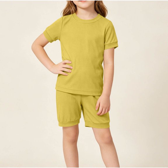 JOANKDMI 2 Piece Set Girls Casual Shorts Set Ribbed Knit Crewneck Short Sleeve Tee and Elastic Waist Shorts Soft Breathable Comfy Summer Outfits Playwear Loungewear, 3T-4T