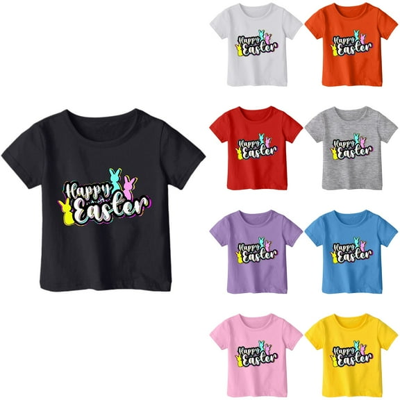 HAOTAGS Kids T-Shirts Easter Letter Print Short Sleeve Tee Toddler Boys Girls Outfits Summer Casual Tops Black Size 5 Years