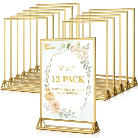 EHWINE 12 Pack Acrylic Sign Holder 5 x 7, Double Sided Gold Picture Frame Stand up Table Top Sign Holders, Clear Display Stand Menu Flyer Holder for Wedding Party (Provide Non-sli
