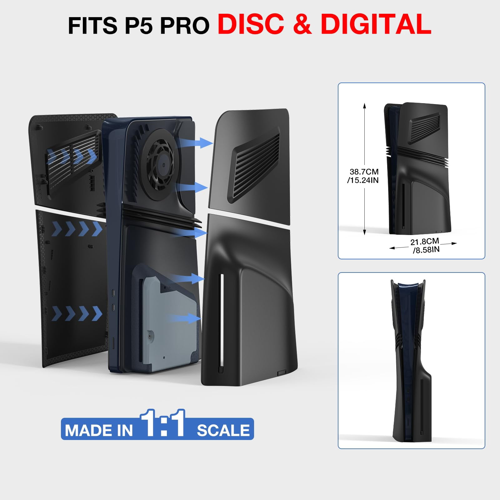 4 in 1 Black Plates for PS5 Pro Disc and Digital Edition, Faceplate for PS5 Pro with Cooling Vent, Face Plate Console Accessories Cover ABS Dustproof Replacement Side Shell Case Black