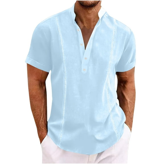 Ecqkame Mens Summer Tops Short Sleeve Solid Color Button Trendy Loose Casual Shirt Tops Going Out Tops for Men Sky Blue L