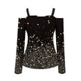 thumbnail image 5 of WREESH Womens Fashion Off The Shoulder Tops Slim V Neck Casual Patchwork Color Printing T-Shirts Long Sleeve Pullover Blouse Tops Gold, 5 of 5