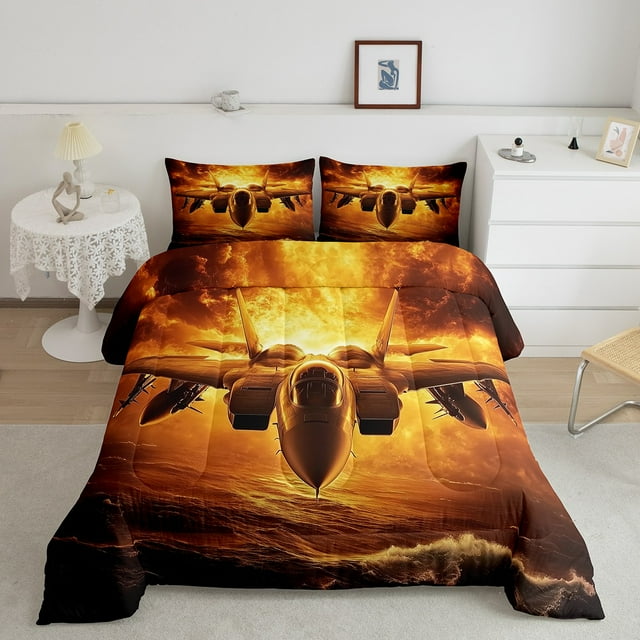 Erosebridal 3D Aircraft Bedding Twin Comforter Set, Military Army Down Comforter, Ocean Wave Decor, Reversible 2 Pieces