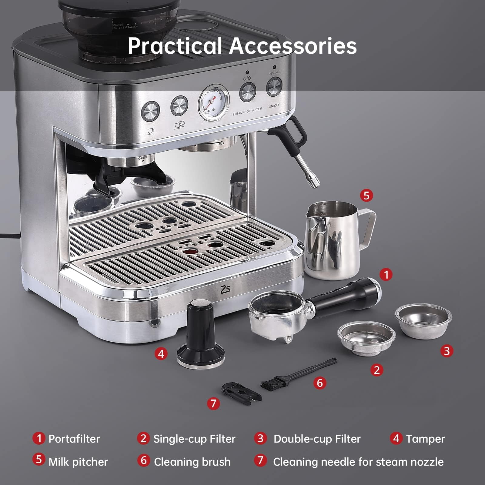 Soonbuy 15 Bar Semi-Automatic Espresso Machine with Built-in Grinder, Milk Frother & Steam Wand, Italian Pump, 2.5l Water Tank, Stainless Steel Coffee Maker