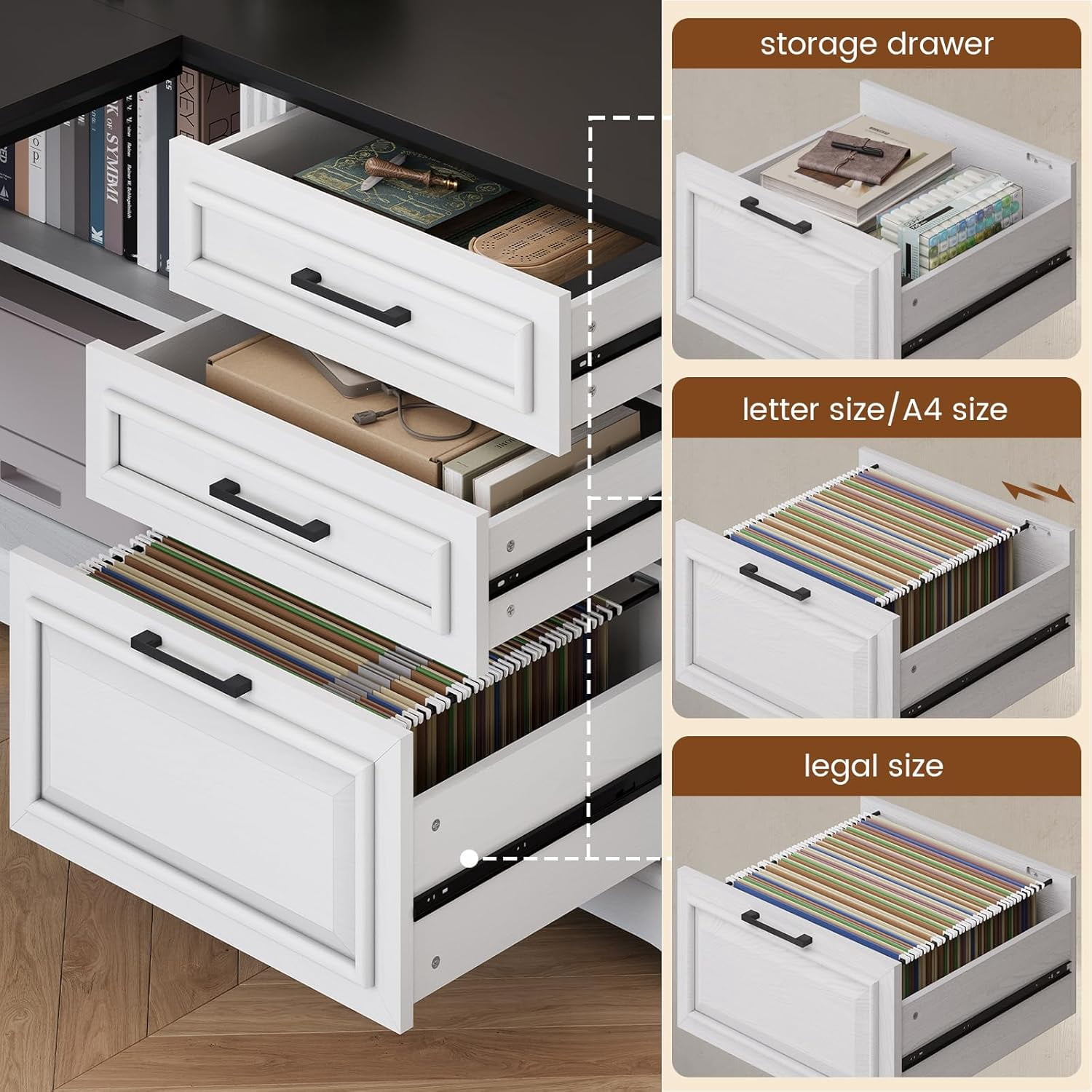 SEDETA Farmhouse 61" Executive L Shaped Desk, Home Office Desk with File Drawers, Computer Desk with Power Outlets and Storage Shelves for Home Office, White