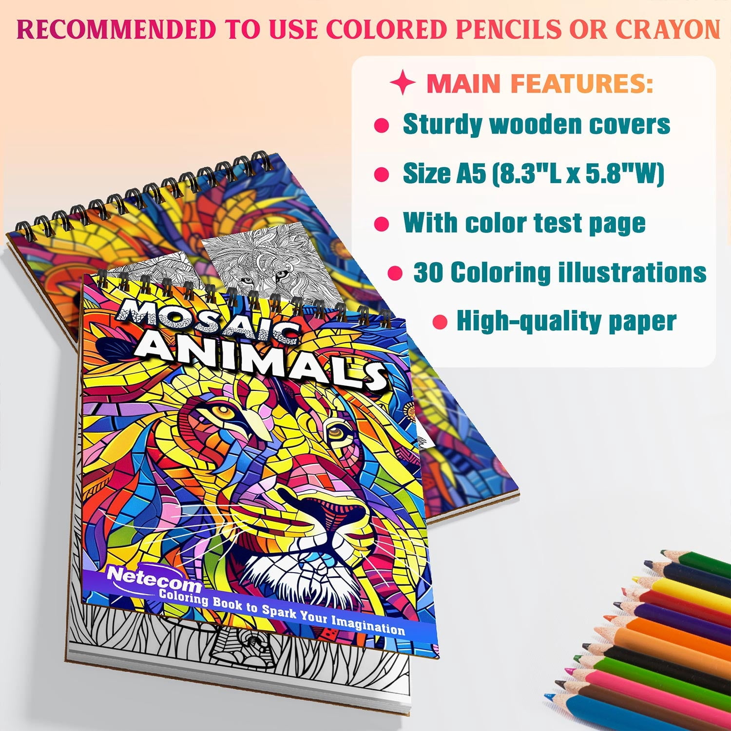 Netecom Mosaic Animals Coloring Book Spiral Bound for Adults, A5 Wooden Cover, 30 Intricate Mosaic Designs of Portrait Animals for Stress Relief and Relaxation