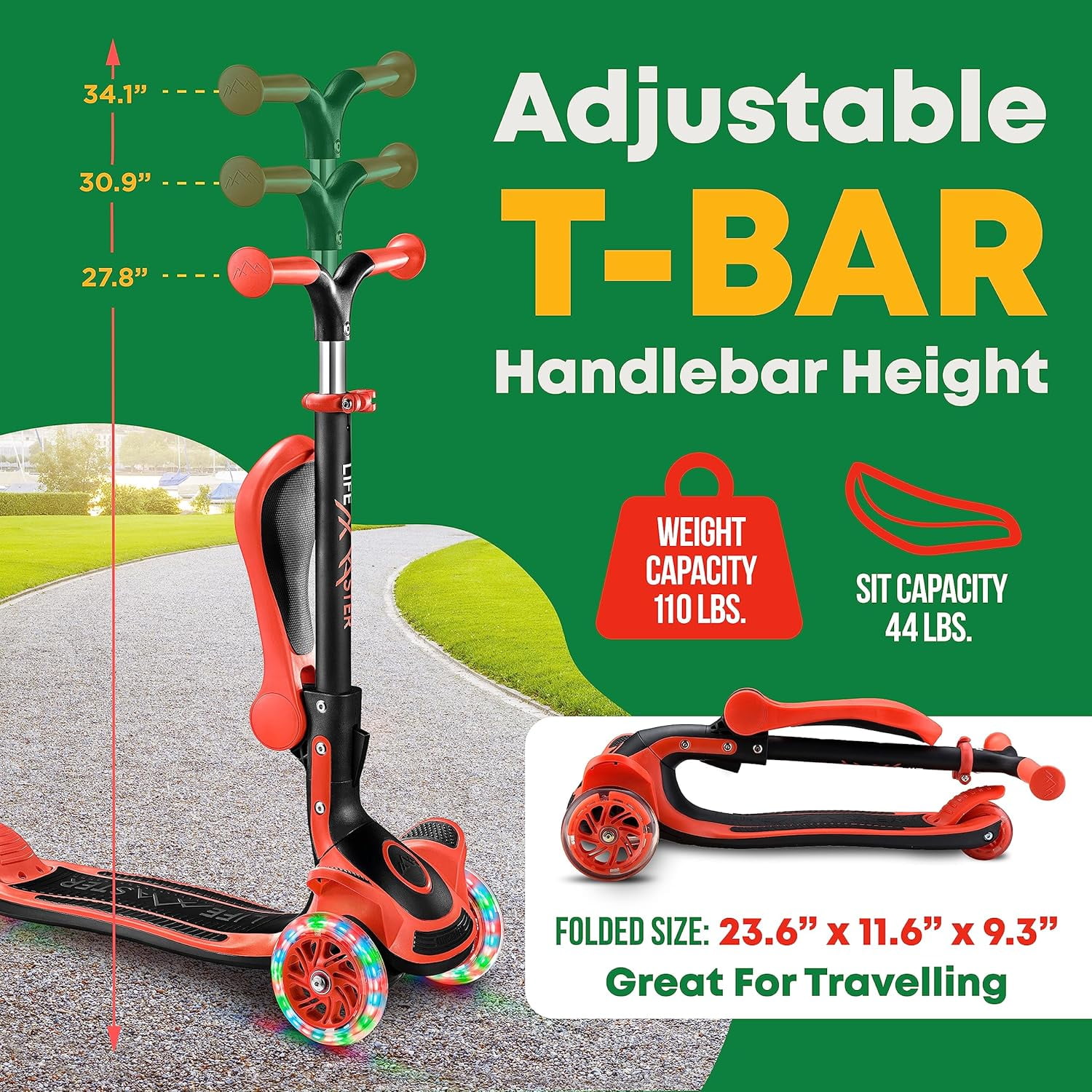 Kids Scooter – Foldable Seat – LED Wheel Lights Illuminate When Rolling – Children and Toddler 3 Wheel Kick Scooter – Adjustable Handlebar – Indoor and Outdoor- Red - by Lifemaster