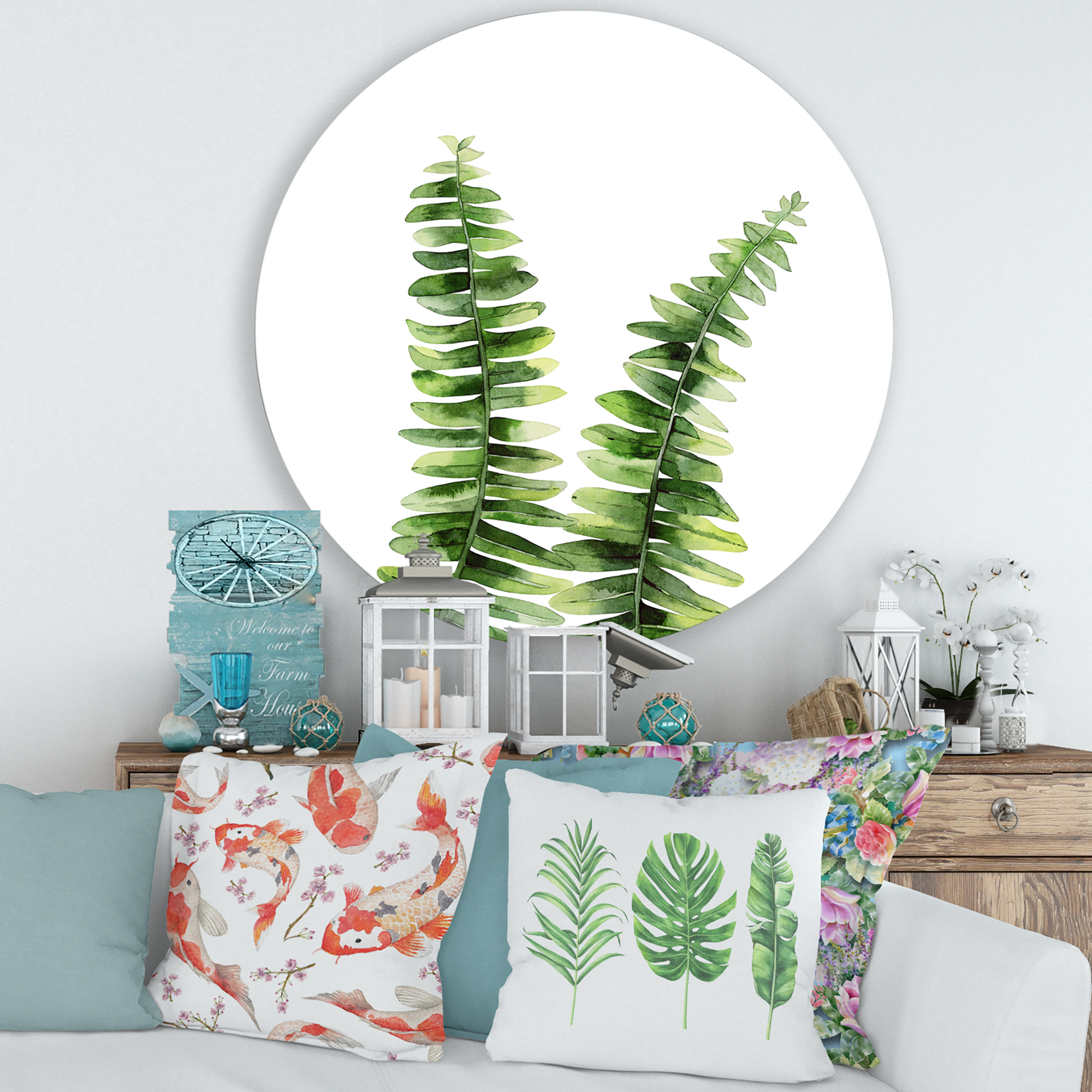 Designart 'Fern Plant Leaves Detail V' Tropical Circle Metal Wall Art 29x29 - Disc of 29