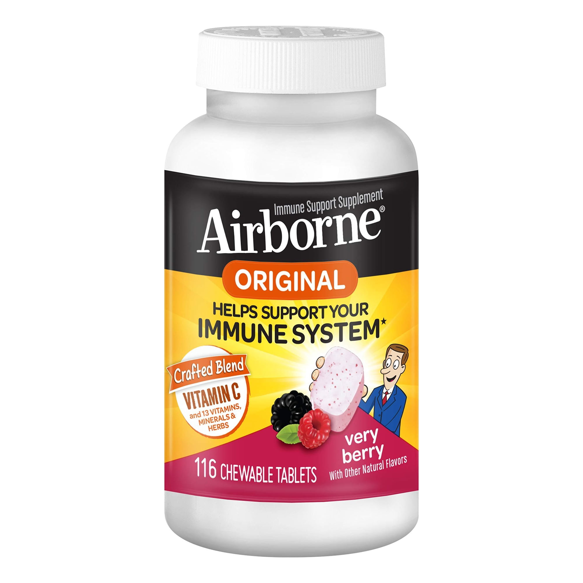 Vitamin C 1000mg - Airborne Very Berry Chewable Tablets (116 count in a bottle), Gluten-Free Immune Support Supplement and High in Antioxidants, Packaging May Vary
