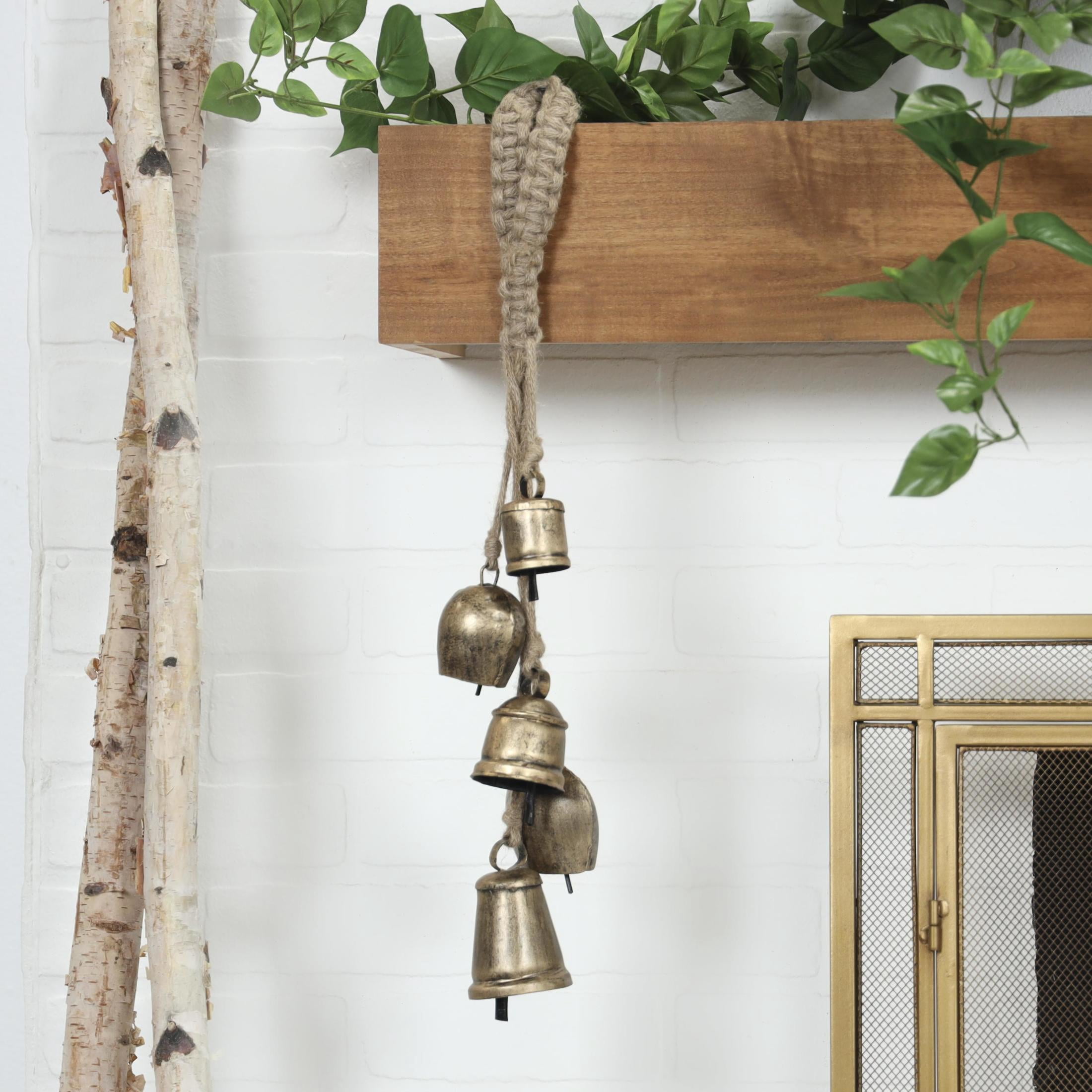 DecMode Tibetan Inspired Cascading Gold Metal Various Shapes Decorative Cow Bells with 5 Bells on Jute Hanging Rope