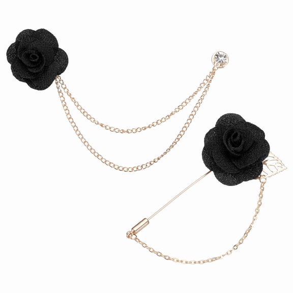Uxcell Rose Flower Lapel Pin for Men, 2 Style Cloth Camellia Brooch Kit Gold Leaf Boutonnieres Stick Brooch Tassel Chain Satin Badge Suit Pin for Men Wedding Suit, Black