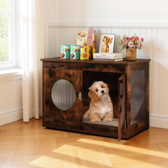 Yardi Yarda Furniture Style Dog Crate for Small and Medium Dogs with Translucent Window & Lockable Door, Cat House, Cat Condos for Indoor Cats, Pet Furniture-Rustic Brown