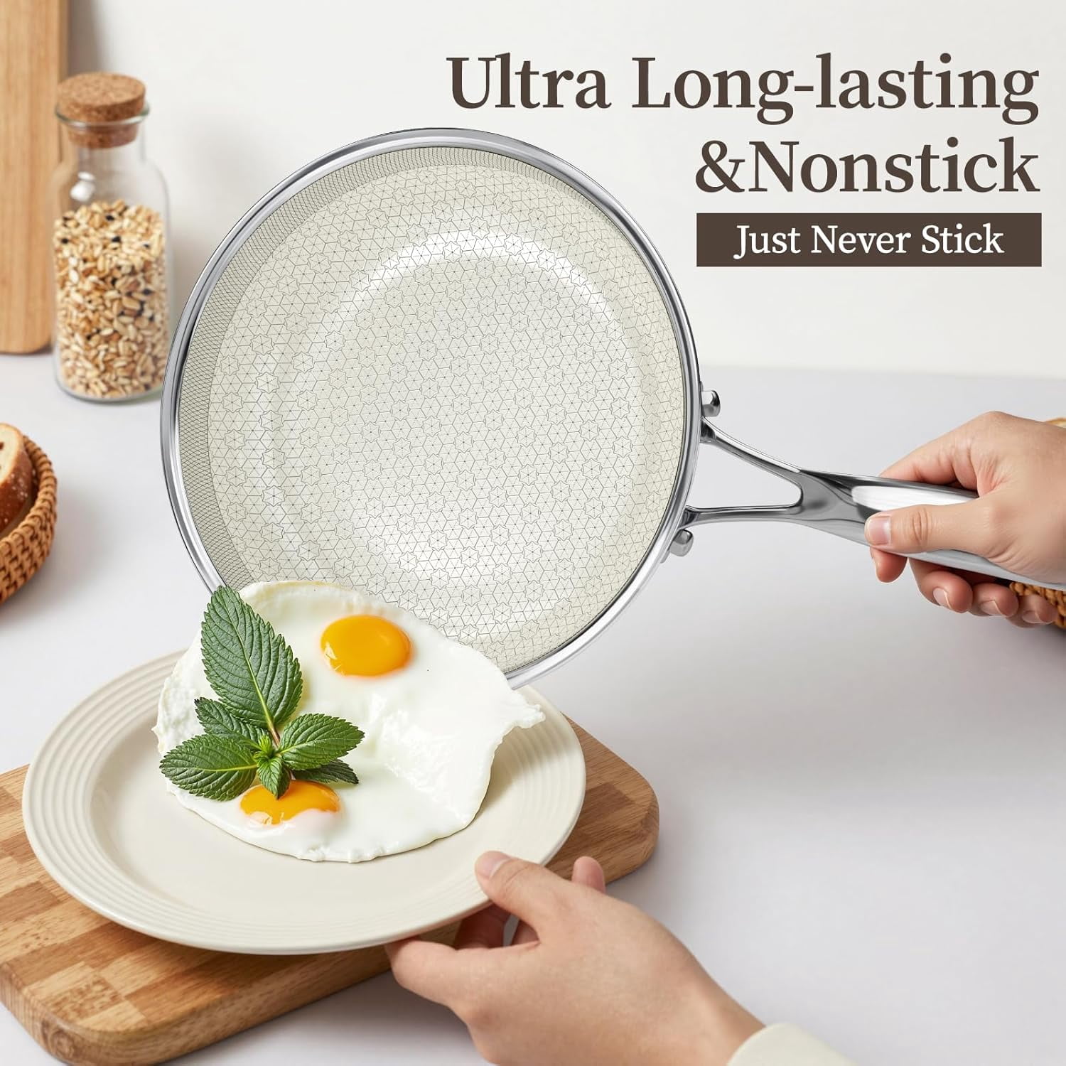 8 Inch Non Stick Frying Pan with Lid, Ceramic Hybrid Tri-Ply Stainless Steel Skillet for Induction