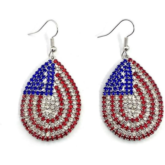 American Flag Teardrop Drop Earrings for Women USA Patriotic 4th of July Crystal Rhinestone Dangle Hook Stud Earrings Independence Memorial Day Party Jewelry